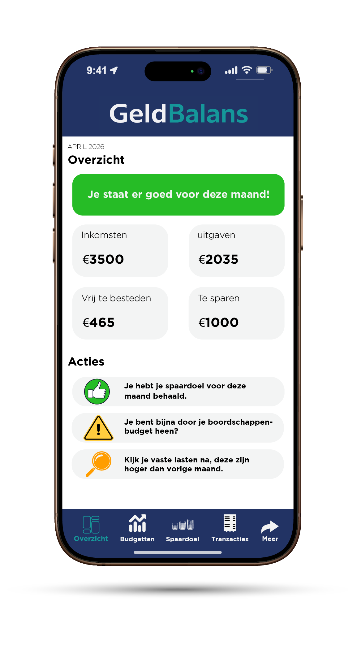GeldBalans overzicht scherm